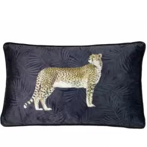Image of Paoletti - Cheetah Forest Faux Velvet Piped Cushion Cover, Navy, 30 x 50 Cm