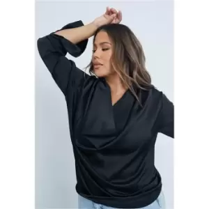 Image of I Saw It First Black Plus Size Satin Cowl Neck Long Sleeve Blouse - Black
