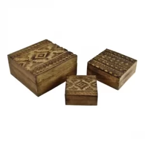Image of Set of 3 Hand Carved Kasbah Wooden Square Boxes