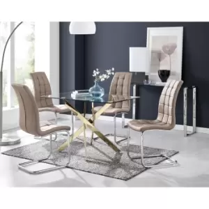 Image of Furniturebox Leonardo 120cm Modern Glass And Gold Metal Leg Dining Table And 4 Cappuccino Beige Murano Faux Leather Silver Chrome Leg Dining Chairs