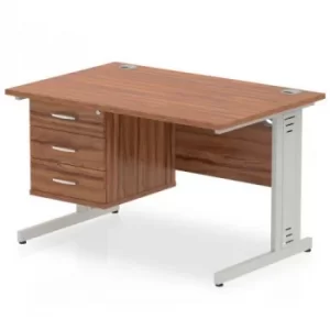 Image of Impulse 1200 Rectangle Silver Cable Managed Leg Desk WALNUT 1 x 3 Drawer Fixed Ped