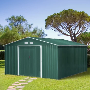 Image of Outsunny 13ft x 11ft Outdoor Garden Roofed Metal Storage Shed Tool Box with Foundation Ventilation & Doors Deep Green