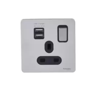 Image of Schneider Electric Ultimate Screwless Flat Plate - Switched Single Power Socket with USB Charging Ports, Double Pole, 13A, GGBGU34102USBABSS, Stainles