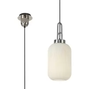 Image of Luminosa 1 Light Pendant E27 With 20cm Tubular Ribbed Glass, Opal Polished Nickel, Matt Black