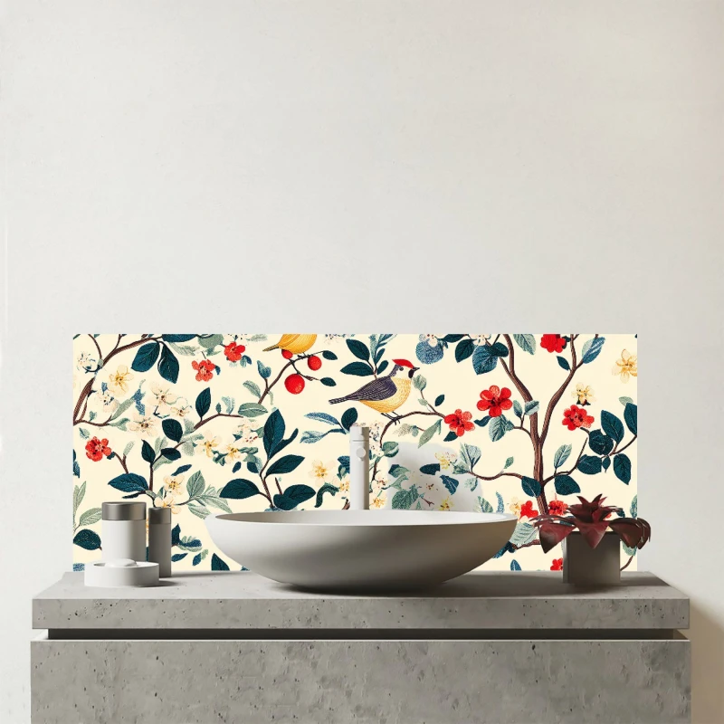 Image of Warren Reed - Designer Chirping Away In The Trees Glass Bathroom Splashback Multicolor Unisex