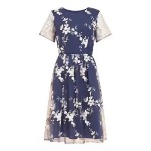 Image of Yumi Navy Embroidered Floral Skater Dress - Blue