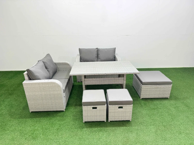 Image of Fimous 7 Seater Outdoor Love Sofa Set Rattan Garden Furniture Set with Rectangular Dining Table 3 Footstool Light Grey Light Grey