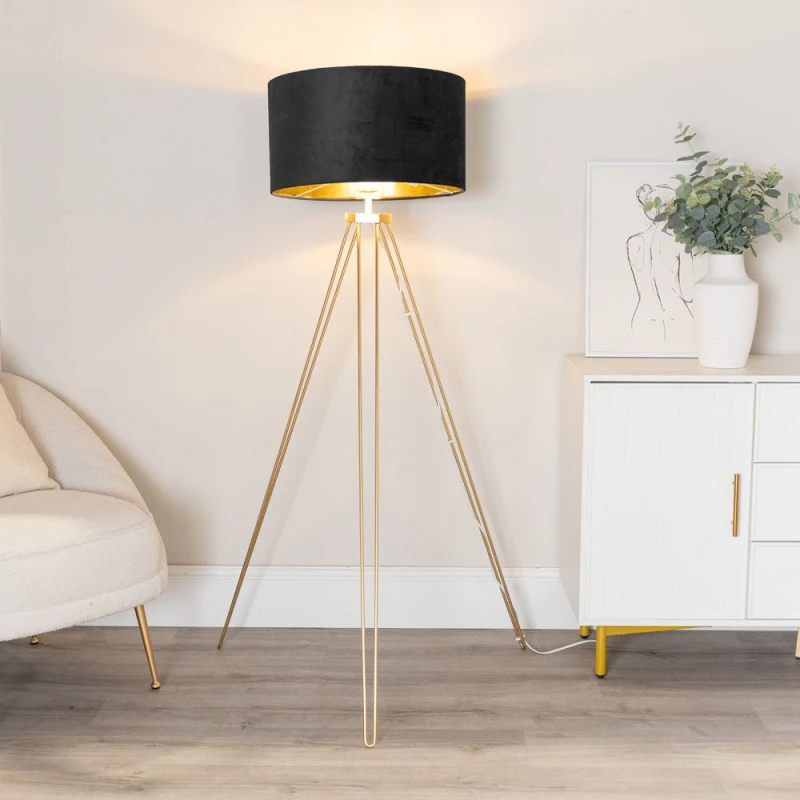 Image of ValueLights ValueLights Aero Hairpin Gold Tripod Floor Lamp with Velvet and Gold Drum Lamp Shade & Bulb in Black One Size Unisex 5059406060946