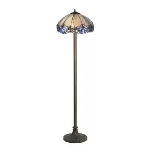 Image of 2 Light Stepped Design Floor Lamp E27 With 40cm Tiffany Shade, Blue, Clear Crystal, Aged Antique Brass - Luminosa Lighting