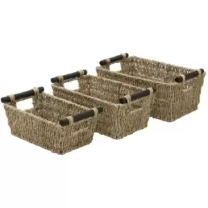 Image of Seagrass Set of 3 Tapered Storage Baskets with Wooden Handles - JVL