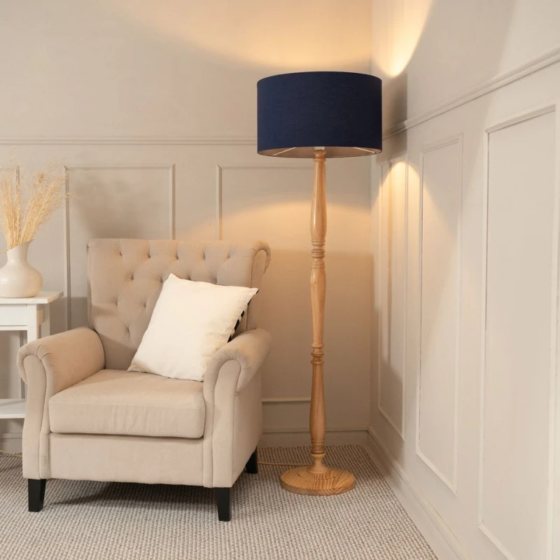 Image of ValueLights Victoria Light Wood Traditional Stem Floor Lamp with Fabric Drum Shade Navy
