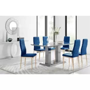 Image of Furniture Box Imperia 6 Grey Dining Table and 6 Navy Velvet Milan Gold Leg Chairs