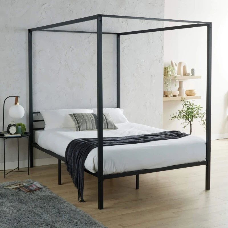 Image of Home Source Sierra Modern Metal Canopy Bed 4 Poster Black Frame Home Bedroom Size: Double Black Unisex Double