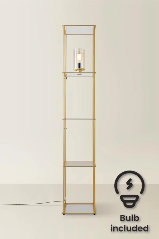Image of ValueLights Gobie Metal Frame with Glass Storage Shelf Floor Lamp with LED Bulb Gold