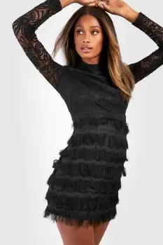 Image of Lace Fringe High Neck Mini Party Dress