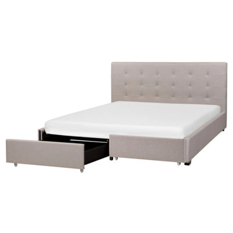 Image of Beliani Bed With Storage Drawers Fabric La Rochelle 160 X 200 Cm (Eu King Size) Light Grey