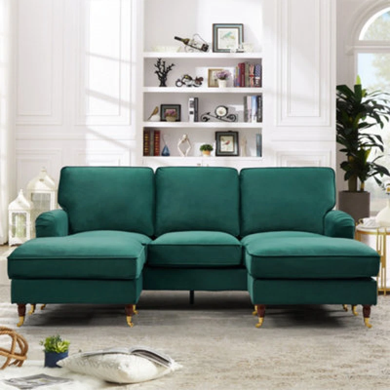 Image of Woodbury 218Cm Wide U-Shaped Green Velvet Fabric Corner Sofa Walnut Colour Legs With Brass Coloured Wheel