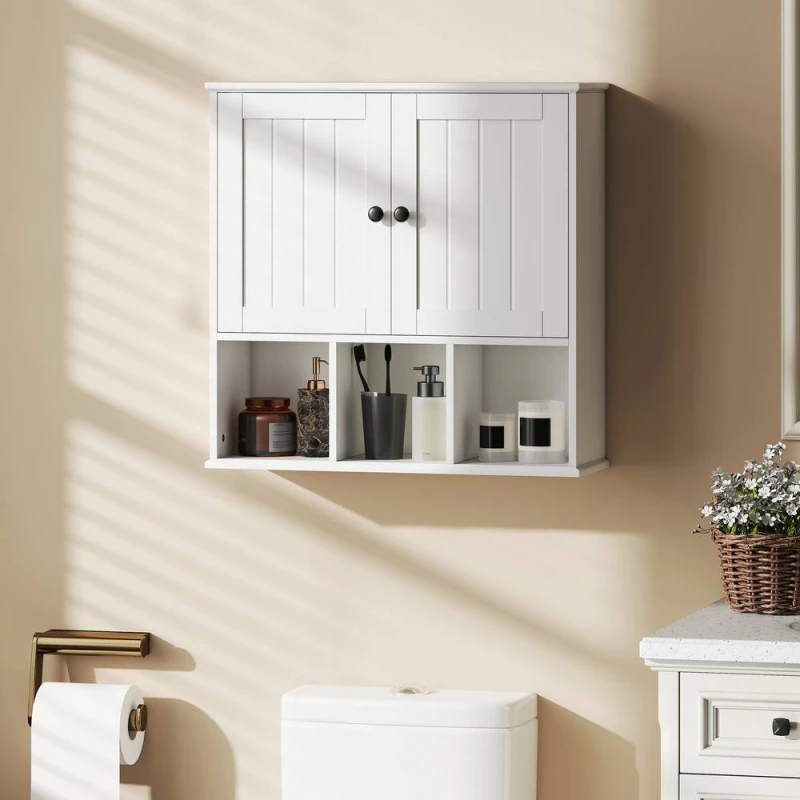 Image of HOMCOM Bathroom Wall Cabinet, Medicine Cabinet with Open Compartments, Shelf in White Size: W600mm x H600mm White Unisex W600mm x H600mm
