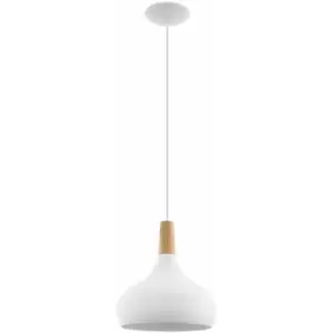 Image of Pendant Ceiling Light Colour White Steel Shade Brown Wood Bulb E27 1x60W