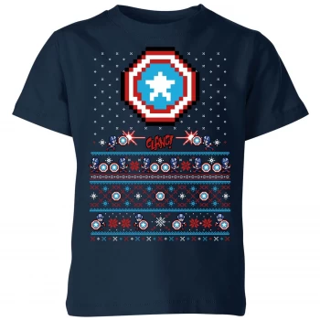 Image of Marvel Avengers Captain America Pixel Art Kids Christmas T-Shirt - Navy - 3-4 Years - Navy
