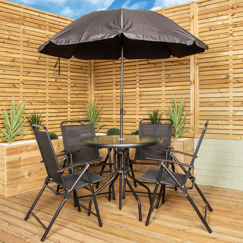 Image of Samuel Alexander Outdoor 4 Seater Round Glass Top Table and Chairs Patio Set with Parasol in Black