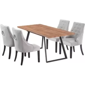 Image of 5 Pieces Life Interiors Windsor Toga Dining Set - an Extendable Brown Rectangular Wooden Dining Table and Set of 4 Light Grey Dining Chairs - Light