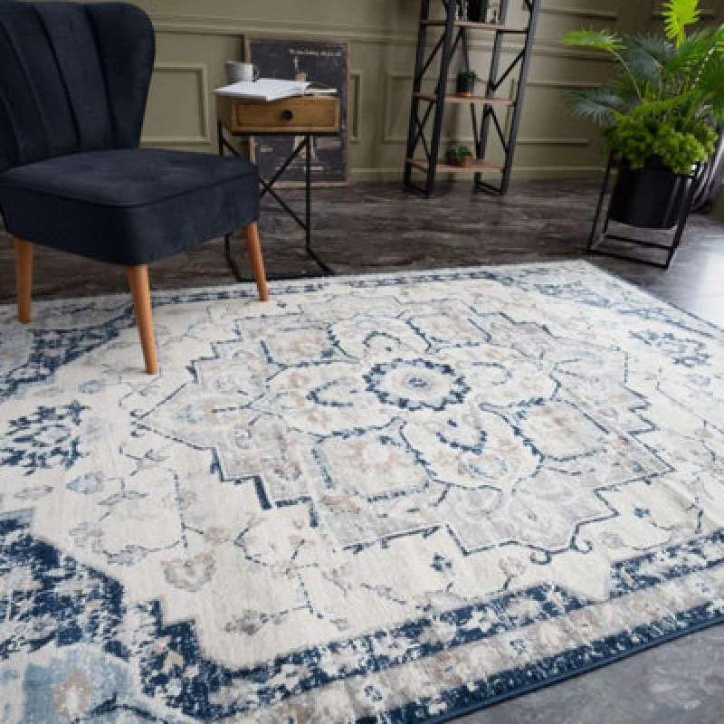 Image of The Rugs Montana Navy Cream Oriental Area Rug And Runner Soft Durable Pet Friendly Easy To Clean Living Room Bedroom 4000