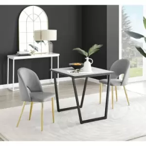 Image of Furniturebox Carson White Marble Effect Square Dining Table & 2 Grey Arlon Gold Leg Velvet Chairs