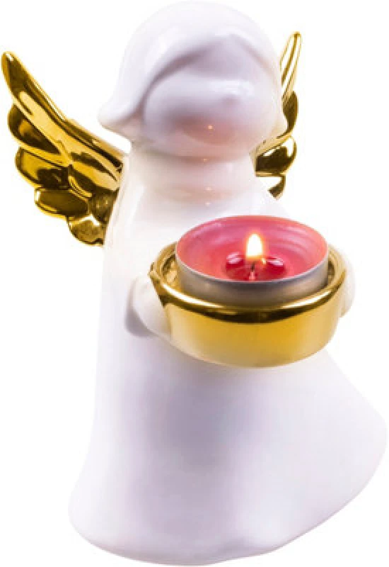 Image of Netagon Netagon Festive Ceramic Winged Christmas Angel Tealight Holder in Gold White