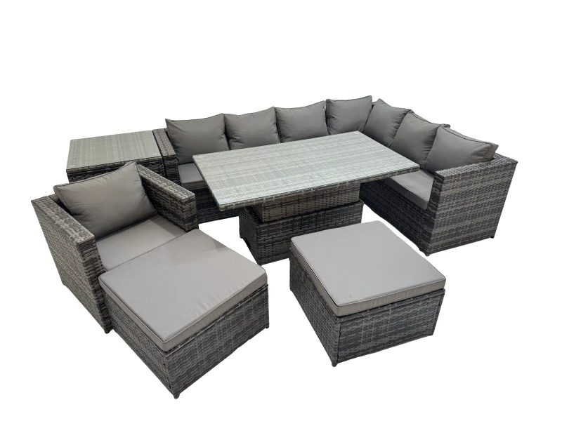 Image of Fimous 9 Seater Rattan Corner Sofa Sets with Chair 2 Big Stools Side Table in Dark Grey Dark Grey Unisex