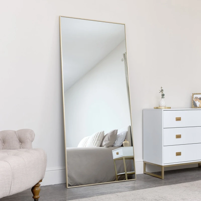 Image of Melody Maison Large Gold Thin Framed Leaner Mirror 80cm X 180cm Metallic Gold