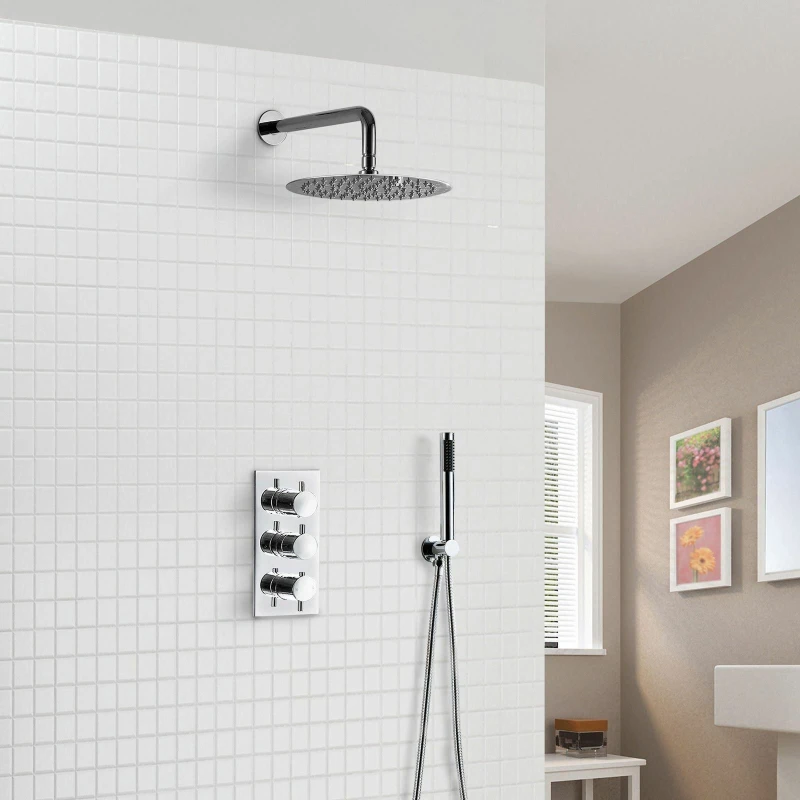 Image of Nes Home Calla Concealed Slim Overhead Shower Head 3 Dial Thermostatic Valve & Pencil Handset in Silver Silver Unisex