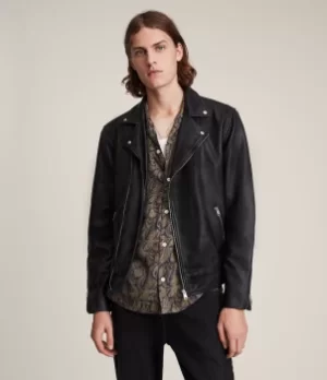 Image of AllSaints Mens Tyson Leather Biker Jacket, Black, Size: S