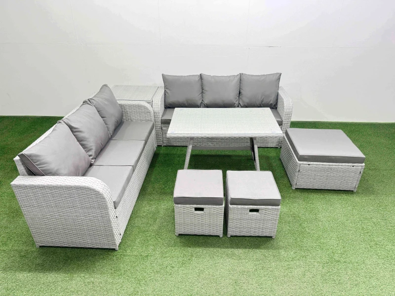 Image of Fimous Rattan High Back Lounge Sofa Set with 3 Seater Sofa Side Table 3 Stool in Light Grey Light Grey Unisex
