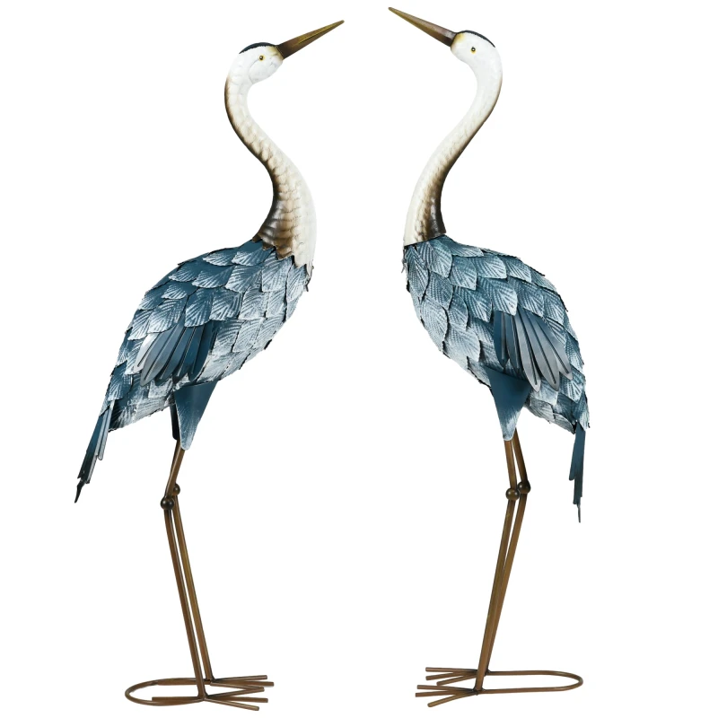 Image of Outsunny Crane Garden Ornaments, 2 PCS Steel Garden Statue Set Multi-Colour Multi