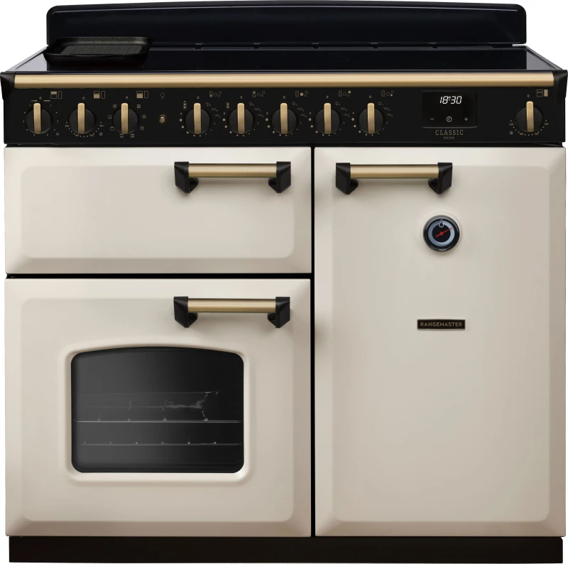 Image of Rangemaster CLDL100EIPPCR/AB1 Classic Deluxe 100cm Induction Range Cooker Antique Brass Trim 18314 - Pale CREAM CLDL100EIPPCR/AB1