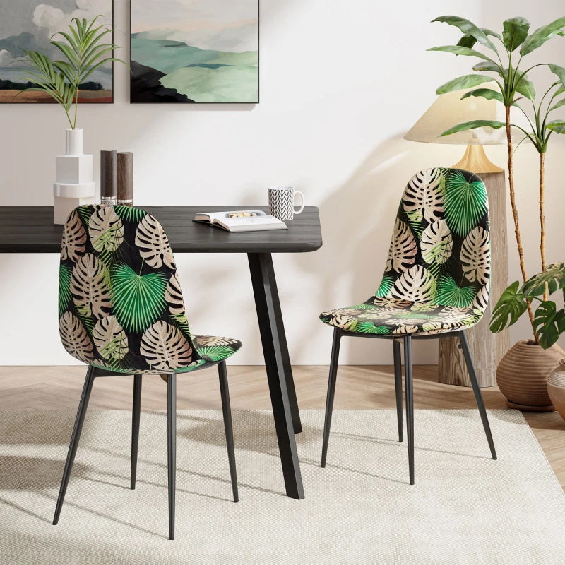 Image of Vonhaus Dining Chairs Set Of 2, Tropical Palm Leaf Print Kitchen Chairs With Black Metal Legs, Velvet Pair Of Chairs For Dining