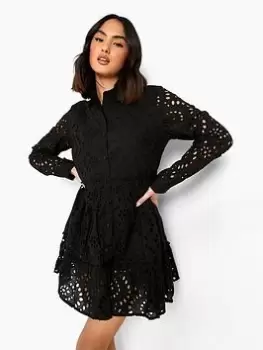 Image of Boohoo Broderie Tiered Shirt Dress - Black, Size 16, Women