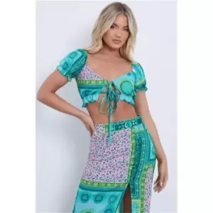 Image of I Saw It First Green Scarf Print Puff Sleeve Tie Front Crop Top - Green