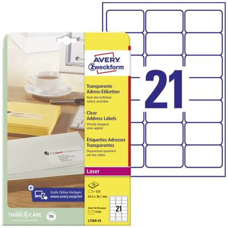 Image of Avery-Zweckform Avery-Zweckform L7560-25 Address labels 63.5 x 38.1mm Polyester film Transparent 525 pc(s) Permanent adhesive Inkjet printer, Laser p