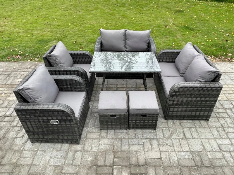 Image of Fimous Wicker PE Rattan Garden Dining Set Outdoor Furniture Sofa with Rectangular Dining Table 2 Small Footstool Dark Grey Mixed Dark Grey