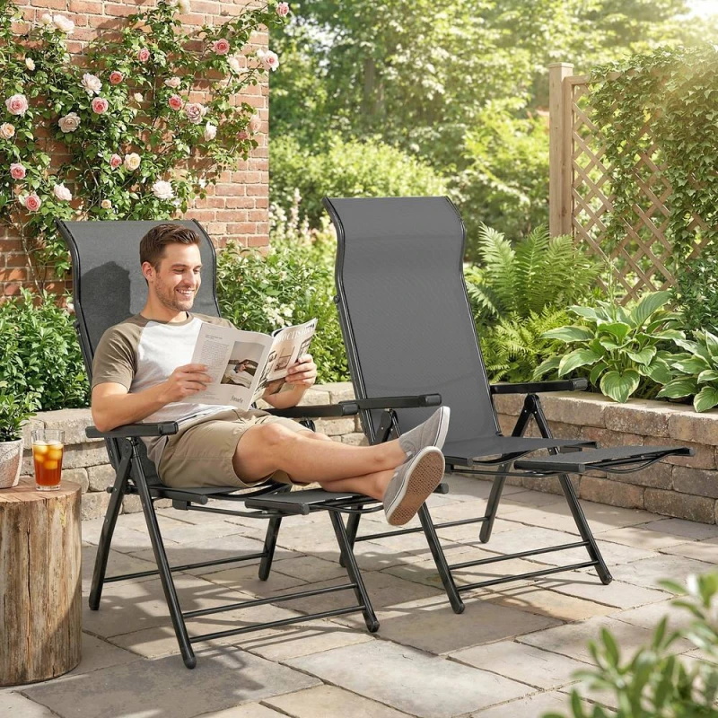 Image of OUTSUNNY Folding Reclining Garden Chairs Set of 2 with Footrest in Dark Grey Size: 120 Dark Grey Unisex 120