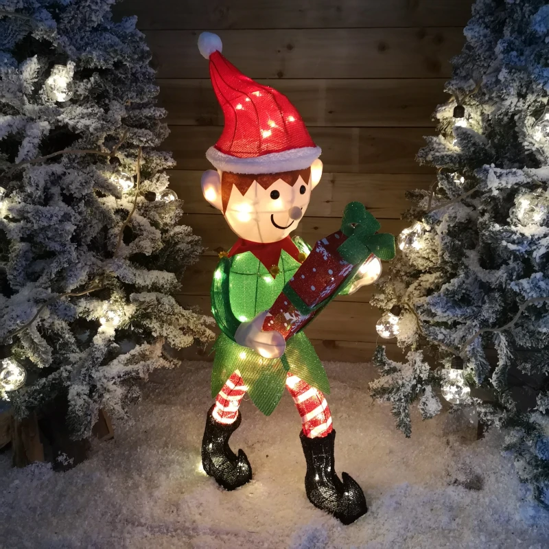Image of 107cm Warm White LED Lit Elf Character with Present Christmas Decoration in Green and Red