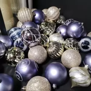 Image of Festive - Set of 52 pc 65mm Mixed Purple Champagne Gold Silver Glitter Matte Christmas Tree Baubles with String
