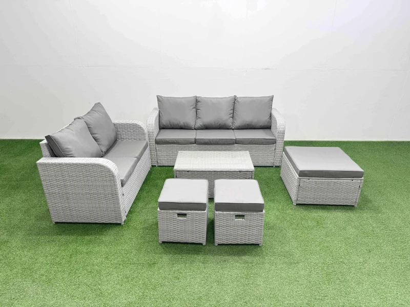Image of Fimous 8 Seater PE Rattan Wicker Garden Furniture Patio Conservatory Sofa Set with Rectangular Coffee Table 3 Seater Sofa Love Sofa 3 Stool Light Grey