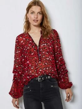 Image of Mint Velvet Theodora Animal Print Zip Front Blouse - Red
