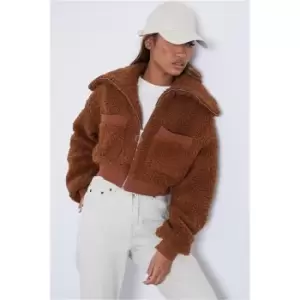 Image of I Saw It First Tan Cropped Borg Funnel Neck Trucker Jacket - Brown