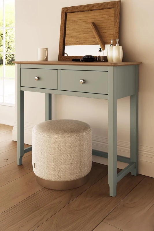 Image of FWStyle Solid Oak 2 Drawer Sage Green Dressing Table Large Bedroom Furniture Modern Green