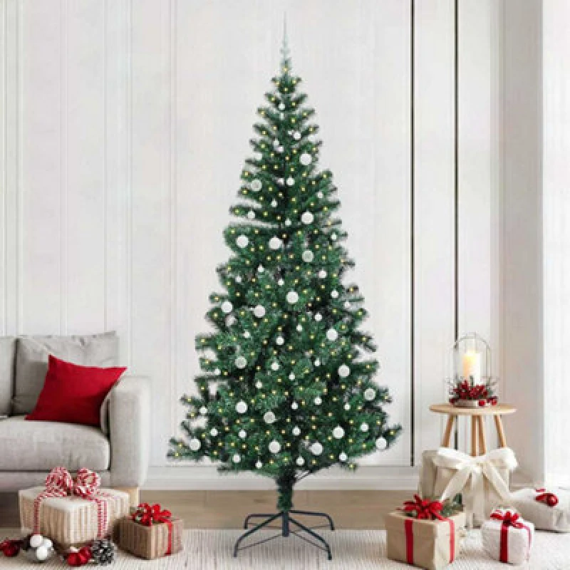 Image of vidaXL Artificial Pre-lit Christmas Tree with White Balls Green 240cm PVC and Metal, Green 3396791