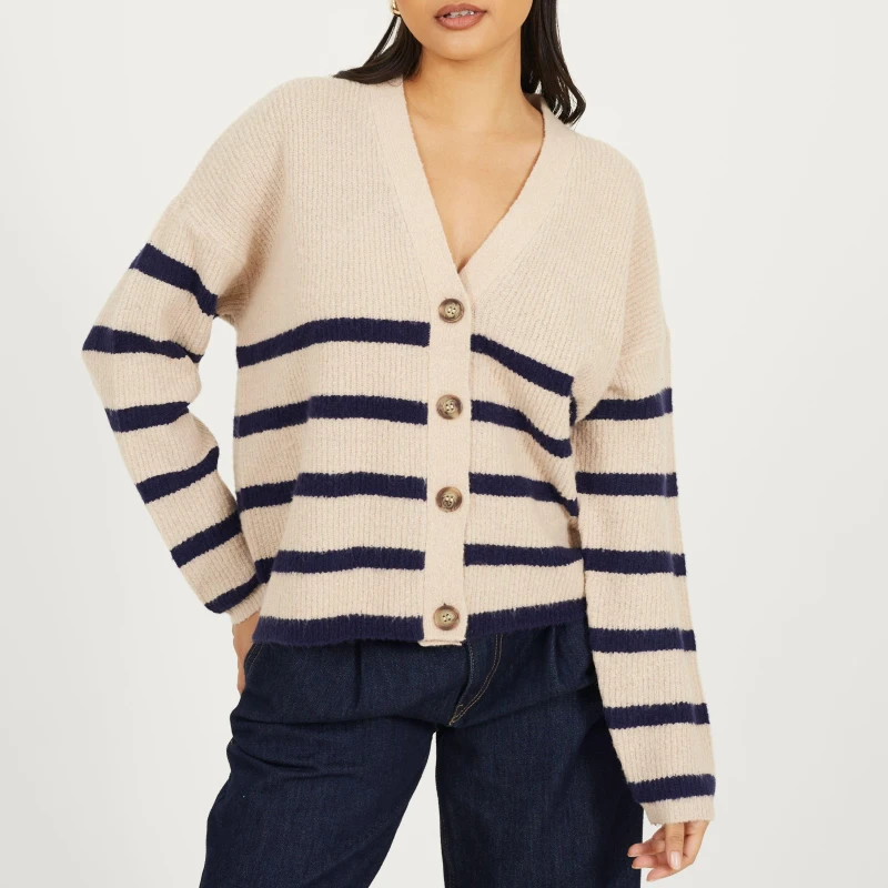 Image of Brave Soul V-neck Fisherman Knit Striped Cardigan Oatmeal/Navy female 10 (S)